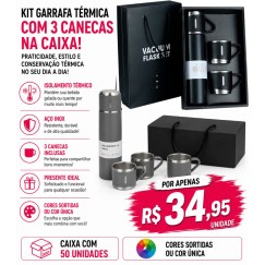 Ki Garrafa Térmica 500ml com 03 canecas Personalizada – Caixa com 50 Unidades | Brinclass