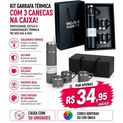 Ki Garrafa Térmica 500ml com 03 canecas Personalizada – Caixa com 50 Unidades | Brinclass