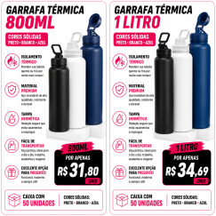 Garrafa Térmica 800ml ou 1 Litro Personalizada – Caixa com 50 Unidades | Brinclass