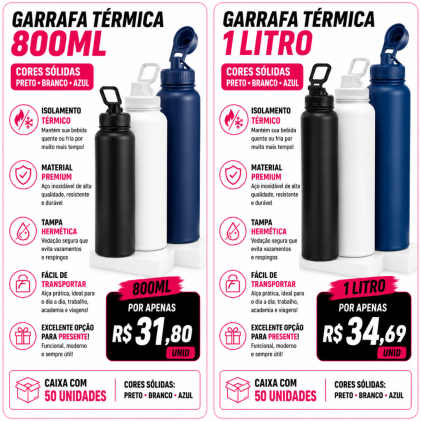 Garrafa Térmica 800ml ou 1 Litro Personalizada – Caixa com 50 Unidades | Brinclass Garrafa Térmica 800ml ou 1 Litro Personalizada – Caixa com 50 Unidades | Brinclass
