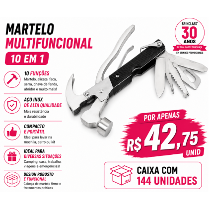 Martelo Multifuncional 10 em 1 Personalizado – Caixa com 144 Unidades | Brinclass