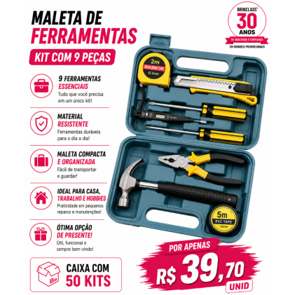 Maleta de Ferramentas Kit com 9 Peças Personalizada – Caixa com 50 Unidades | Brinclass Maleta de Ferramentas Kit com 9 Peças Personalizada – Caixa com 50 Unidades | Brinclass