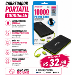 Carregador Portátil Power Bank 10.000mAh Personalizado – Caixa com 100 Unidades | Brinclass