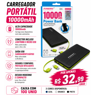 Carregador Portátil Power Bank 10.000mAh Personalizado – Caixa com 100 Unidades | Brinclass