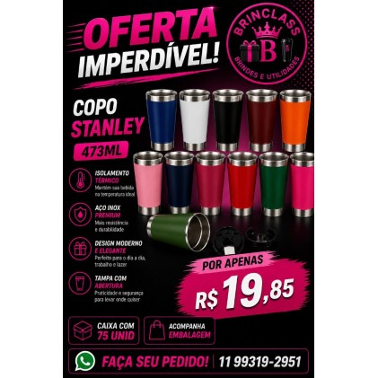 Copo Térmico 500ml Estilo Stanley Personalizado – Caixa com 75 Unidades | Brinclass