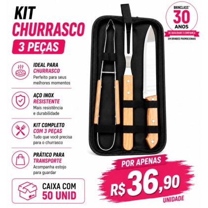 Kit Churrasco 3 Peças com Estojo Personalizado – Caixa com 50 Unidades | Brinclass Kit Churrasco 3 Peças com Estojo Personalizado – Caixa com 50 Unidades | Brinclass