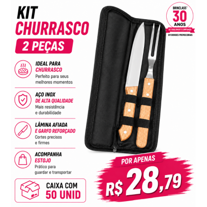 Kit Churrasco 2 Peças com Estojo Personalizado – Caixa com 50 Unidades | Brinclass Kit Churrasco 2 Peças com Estojo Personalizado – Caixa com 50 Unidades | Brinclass
