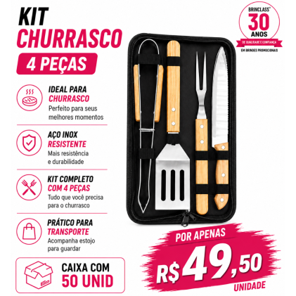 Kit Churrasco 4 Peças com Estojo Personalizado – Caixa com 50 Unidades | Brinclass Kit Churrasco 4 Peças com Estojo Personalizado – Caixa com 50 Unidades | Brinclass