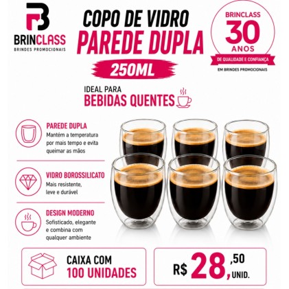 Kit Copo de vidro parede dupla Personalizado – Caixa com 100 Unidades | Brinclass Kit Copo de vidro parede dupla Personalizado – Caixa com 100 Unidades | Brinclass