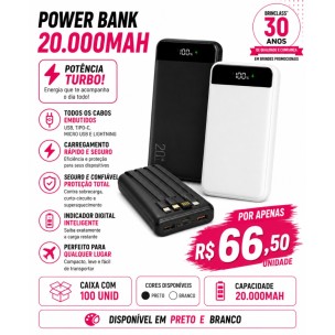 Power Bank 20.000mAh Personalizado – Caixa com 100 Unidades | Brinclass