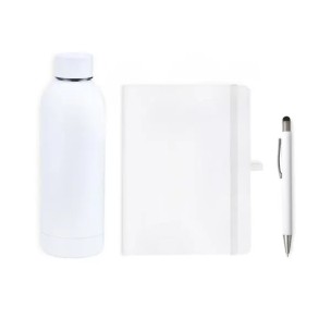 Kit Garrafa, Caderno E Caneta - Branco - 3 Pçs Personalizado