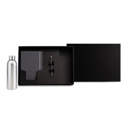 Kit Garrafa, Caderno E Caneta - Cinza/Prata - 3 Pçs Personalizado