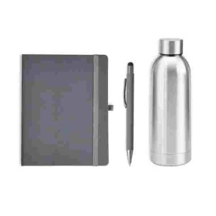 Kit Garrafa, Caderno E Caneta - Cinza/Prata - 3 Pçs Personalizado