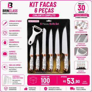 Kit Facas 6 Peças com Descascador e Cabos Marmorizados Personalizado