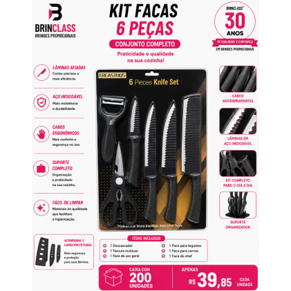 Kit Facas 6 Peças com Tesoura, Descascador e Capas Protetoras Personalizado