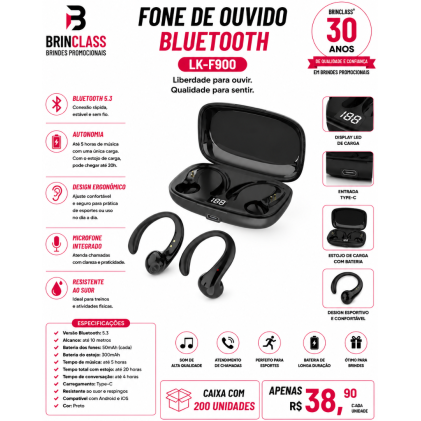 Fone de Ouvido Bluetooth 5.3 Esportivo TWS com Display LED e Estojo de Recarga Personalizado