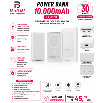 Power Bank 10.000mAh Magnético com Carregamento Sem Fio Personalizado