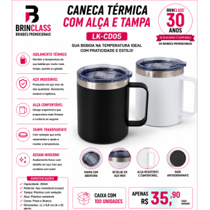 Caneca Térmica em Aço Inoxidável 350ml com Alça e Tampa Personalizada
