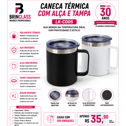 Caneca Térmica em Aço Inoxidável 350ml com Alça e Tampa Personalizada