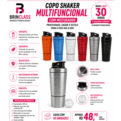 Copo Shaker Multifuncional 600ml com Misturador em Aço Inox Personalizado