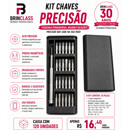 Kit Chaves de Precisão 25 Peças com Pontas Magnéticas Personalizado