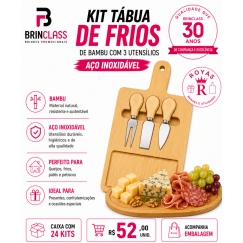 Kit Tábua de Frios em Bambu com 3 Utensílios em Aço Inox Personalizado