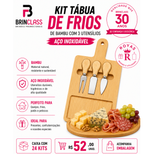 Kit Tábua de Frios em Bambu com 3 Utensílios em Aço Inox Personalizado