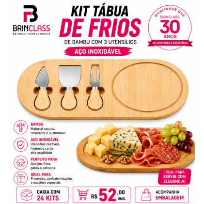 Kit Tábua de Frios em Bambu com 3 Utensílios em Aço Inox