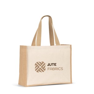 Sacola em canvas (320g/m²), com fundo e laterais em juta laminada (350 g/m²) de tons naturais personalizado