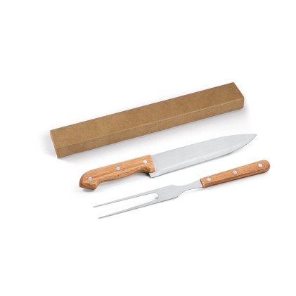 Kit churrasco em caixa presente de papel kraft reciclado com 2 utensílios em aço inox e bambu brinde