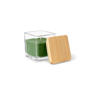 Vela aromática, de 50 g., em copo de vidro com tampa em bambu com logotipo