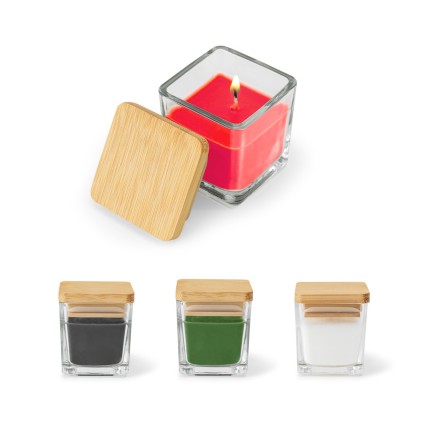 Vela aromática, de 50 g., em copo de vidro com tampa em bambu com logotipo