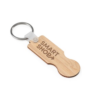 Chaveiro em bambu com extremidade em formato de moeda com logotipo