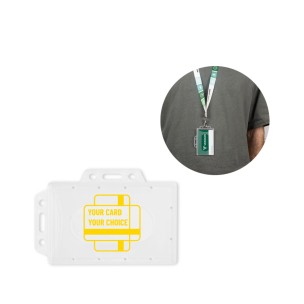 Porta-crachá em PP, com possibilidade de ser utilizado tanto na vertical como na horizontal com logotipo