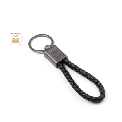 Chaveiro com fortmato retangular, com cordão entrelaçado em poliéster (21% reciclado) e 79% poliuretano personalizado
