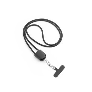 Cordão lanyard com suporte para celular incluso, cabo USB-C e diversos adaptadores em ABS reciclado e TPE reciclado corporativo