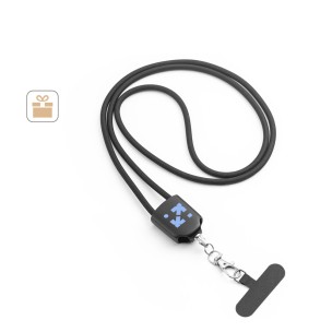 Cordão lanyard com suporte para celular incluso, cabo USB-C e diversos adaptadores em ABS reciclado e TPE reciclado corporativo