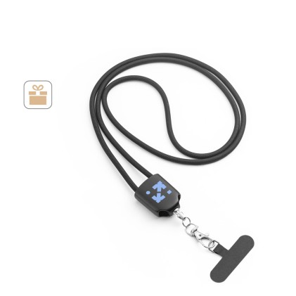 Cordão lanyard com suporte para celular incluso, cabo USB-C e diversos adaptadores em ABS reciclado e TPE reciclado corporativo